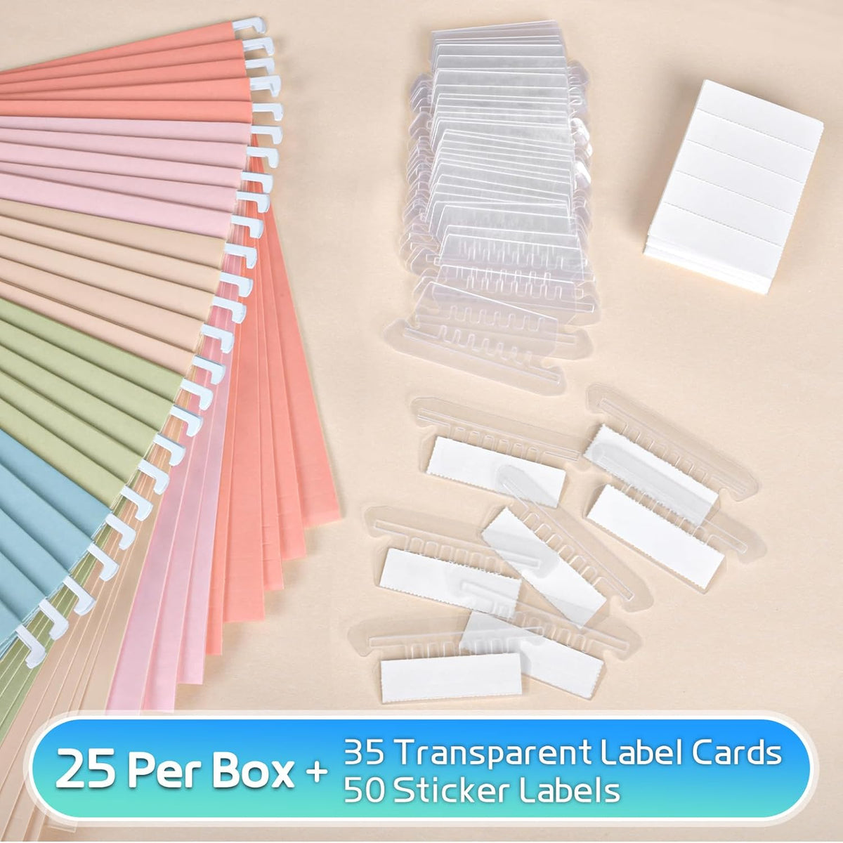 25-Pack Pastel Hanging File Folders, Letter Size with 1/5-Cut Tabs, 35 Transparent Label Cards, 50 Sticker Labels–Home Office & Filing Cabinets