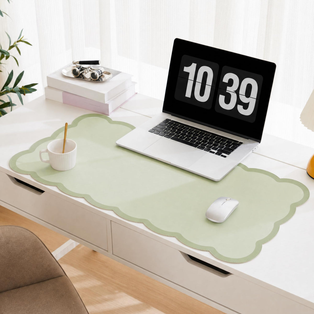 Scalloped Desk Mat, 31.5" x 15.7" Large Cute Aesthetic Desk Accessories, PU Leather Computer Laptop Desk Mouse Keyboard Pad, Desk Writing Mat for Vanity/Work/Home Decor (Pink, 31.5" x 15.7")