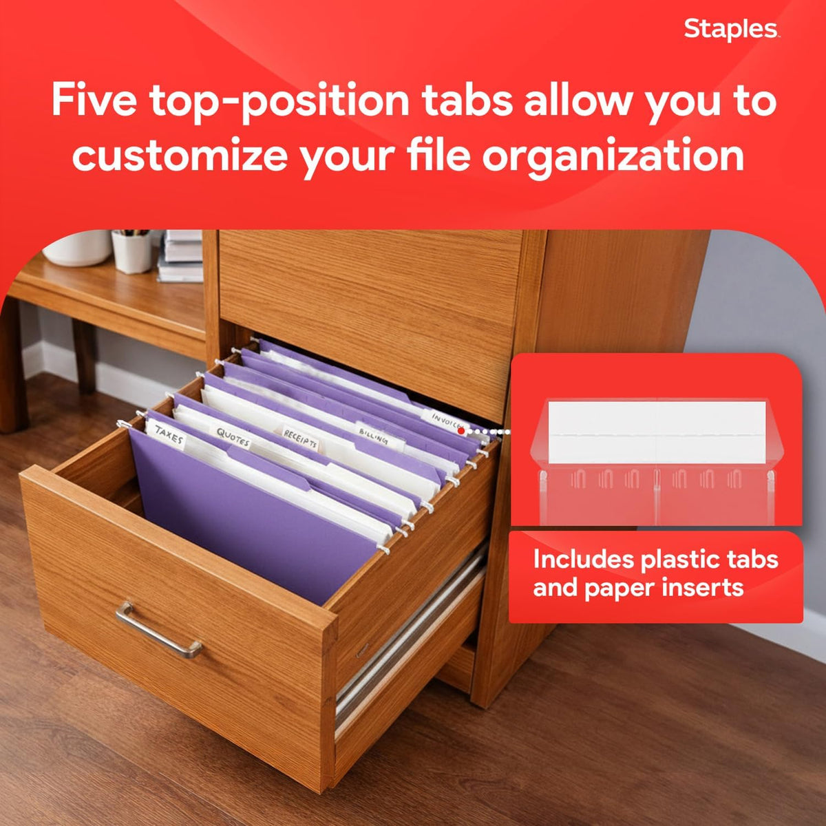 Staples Hanging File Folders, Letter Size, Purple, 5-Tab, 25/Pk