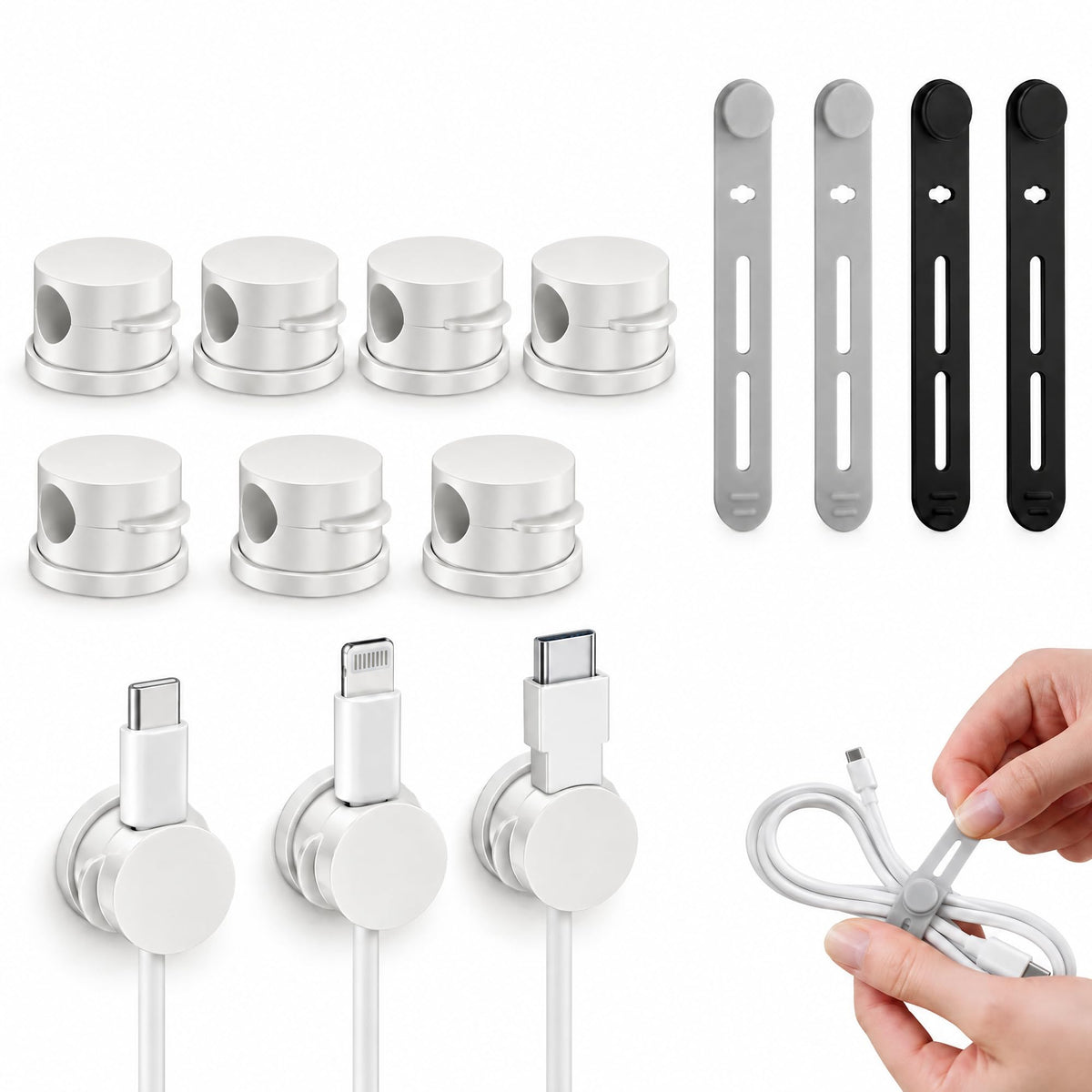 10 Pack Rotatable Cable Clips & Silicone Cable Straps Set