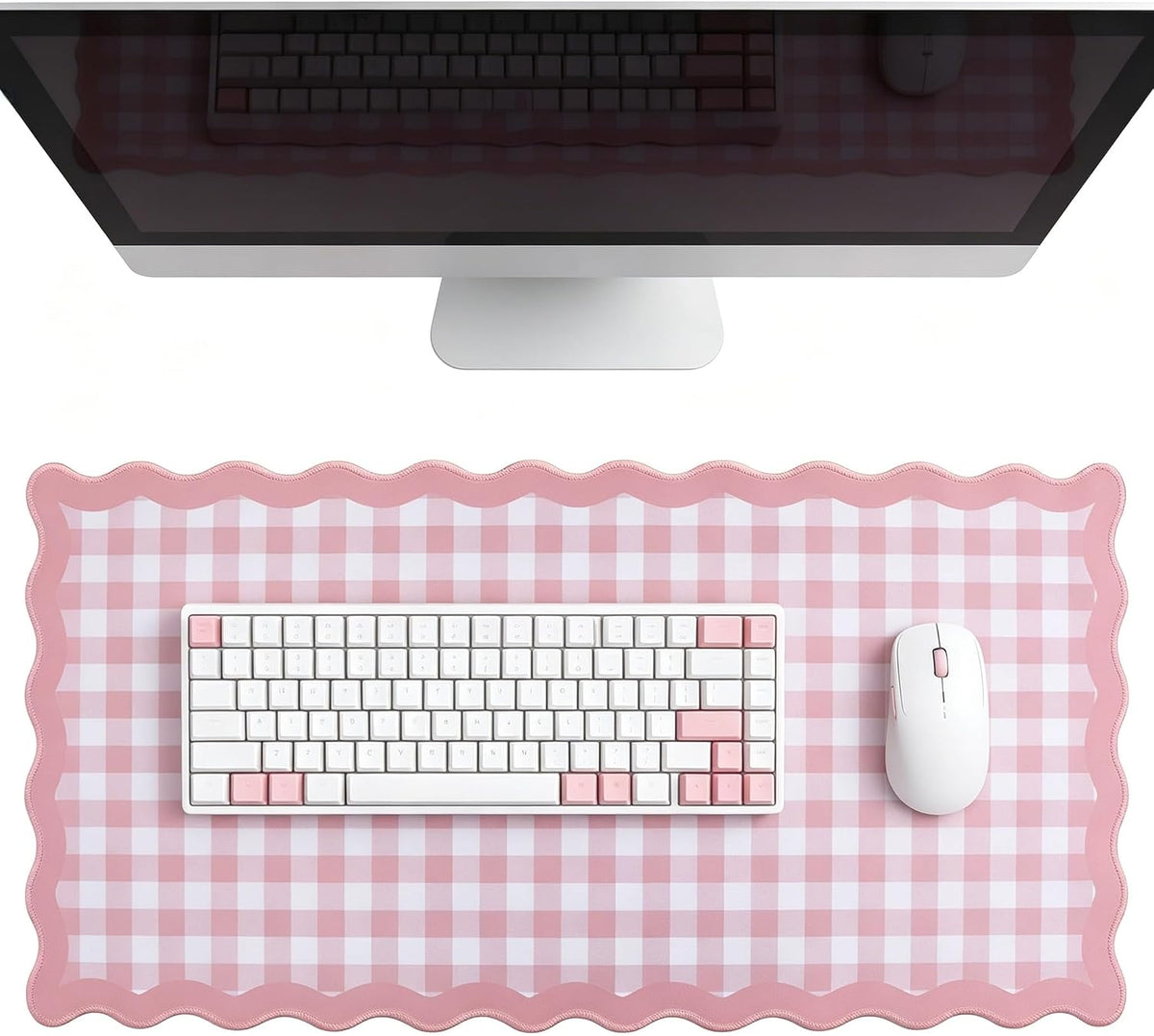 yuboo 31"×15.7" Scalloped Pink Gingham Desk Mat, Kawaii Pastel Mouse Mat