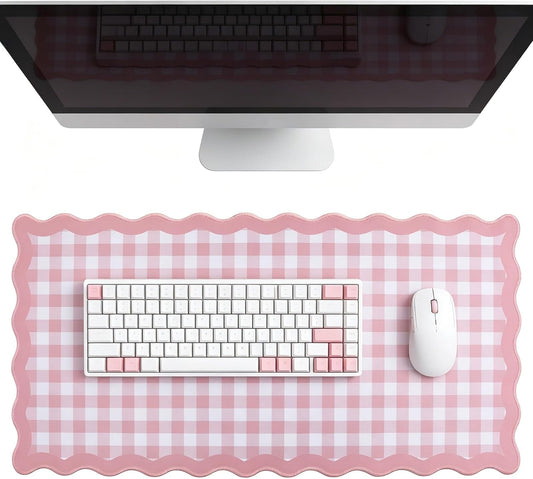 yuboo 31"×15.7" Scalloped Pink Gingham Desk Mat, Kawaii Pastel Mouse Mat