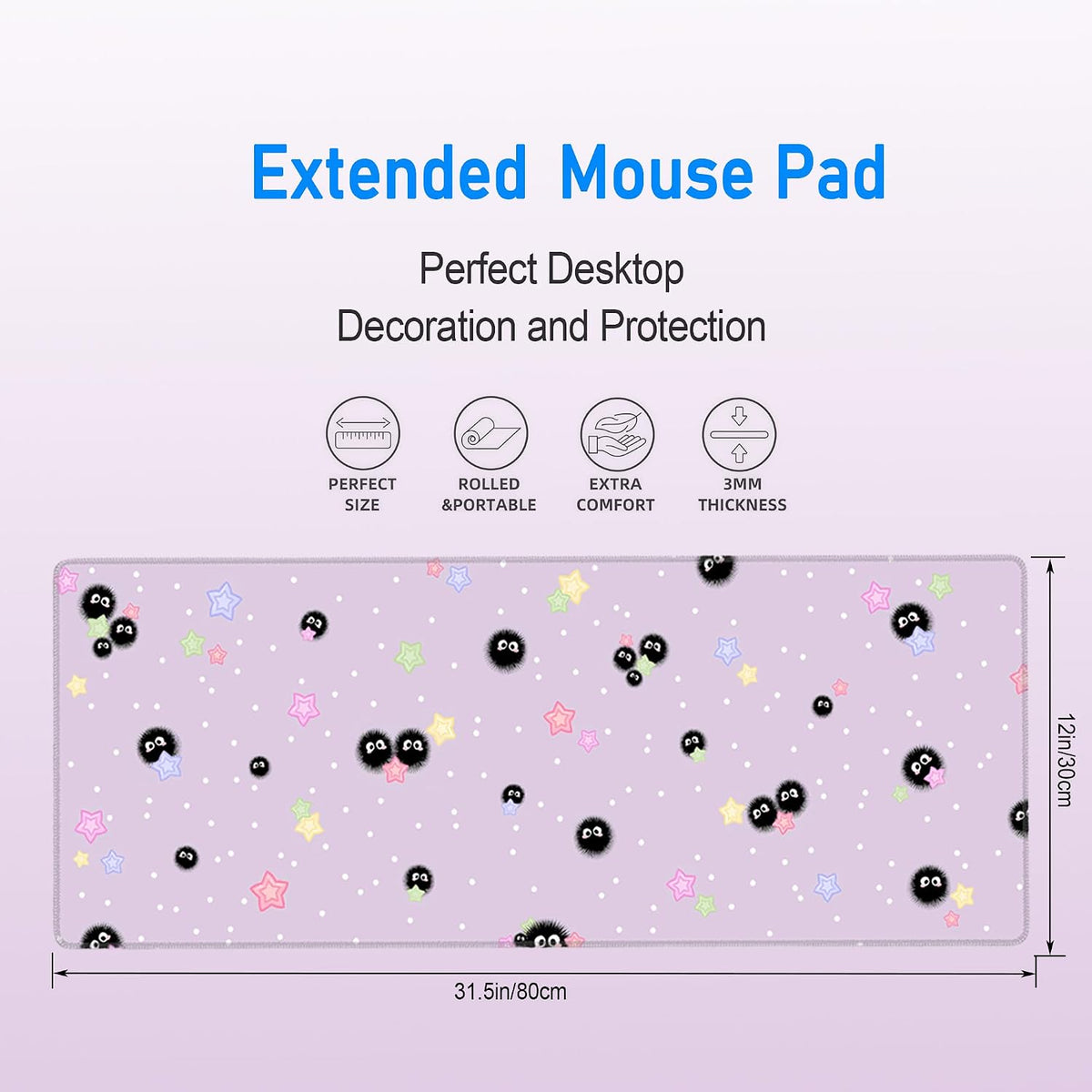 Cute Purple Mouse Pad,Large Kawaii Gaming Desk Mat 31.5 x 12 in