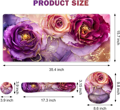 Gaming Mouse Pad Large Desk Mat, Cute Purple Marble Rose Desk Pad Protector