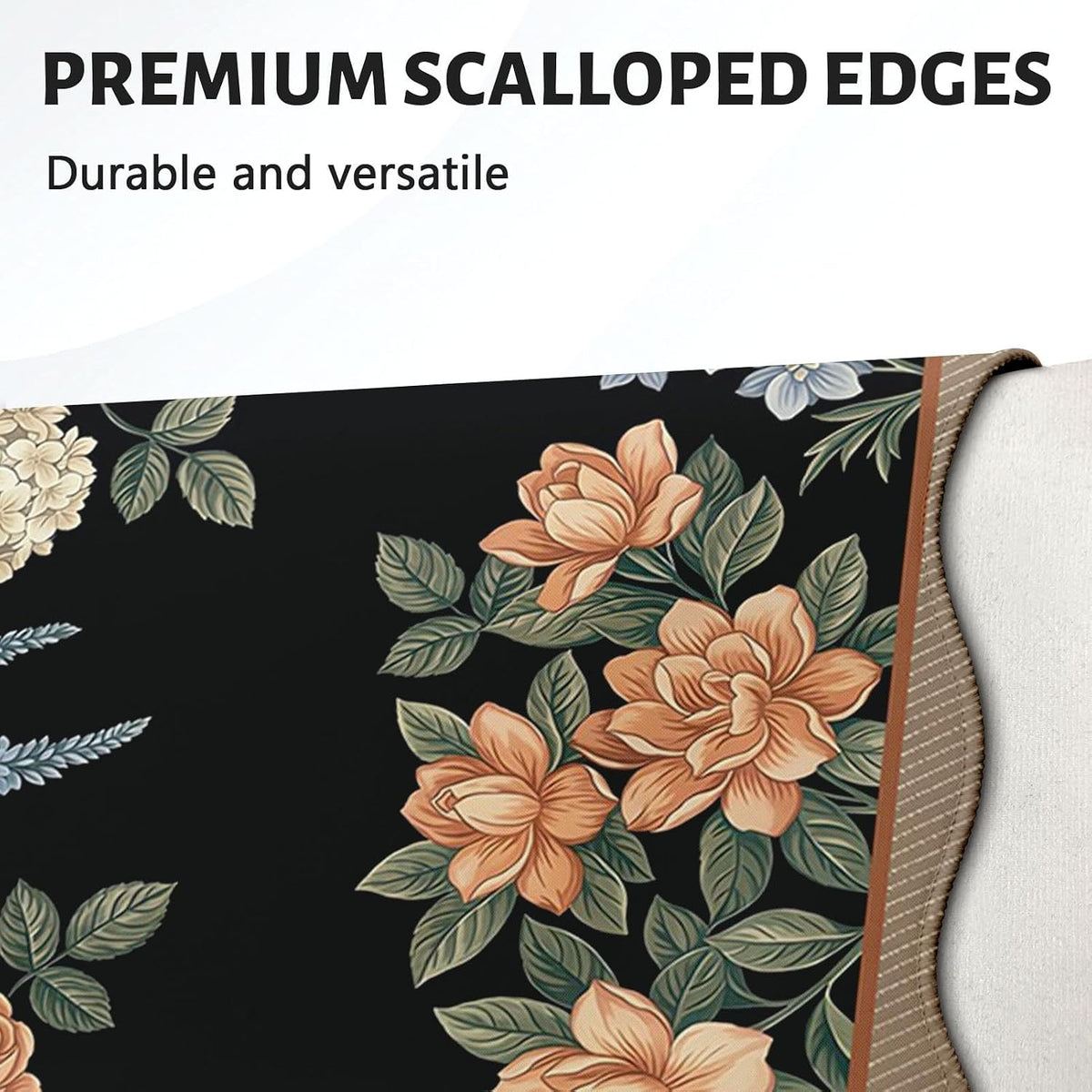 Scalloped Gaming Mouse Pad Desk Mat, Black Floral, 35.4"x15.7"