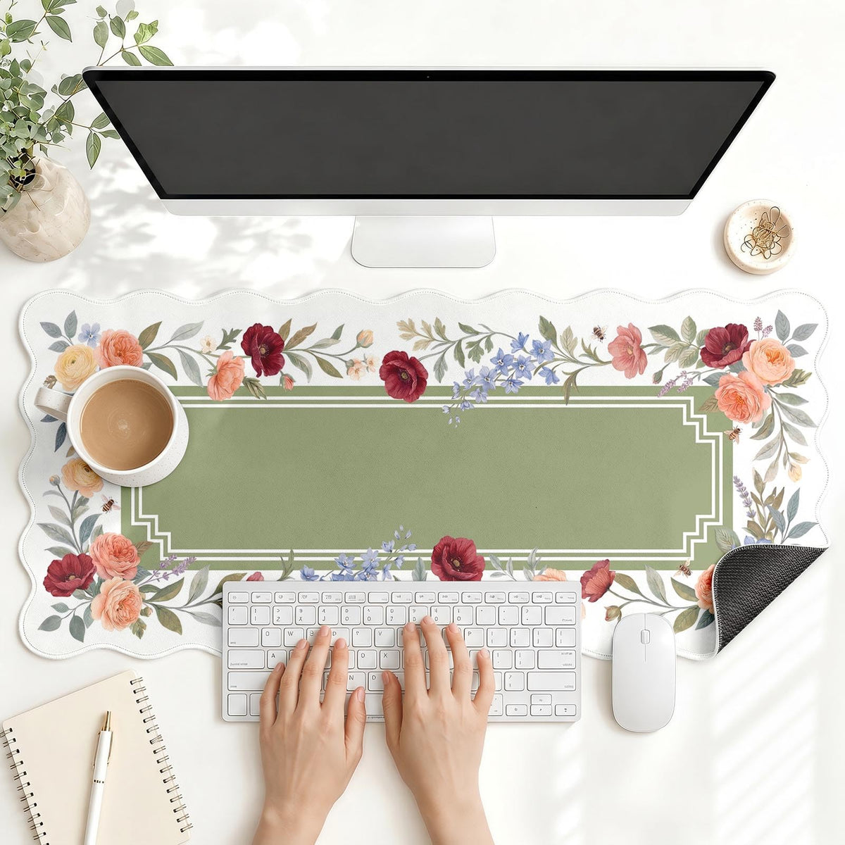 Scalloped Gaming Mouse Pad Desk Mat, Black Floral, 35.4"x15.7"