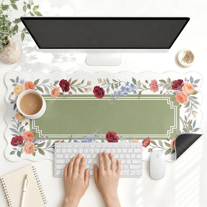 Scalloped Gaming Mouse Pad Desk Mat, Black Floral, 35.4"x15.7"
