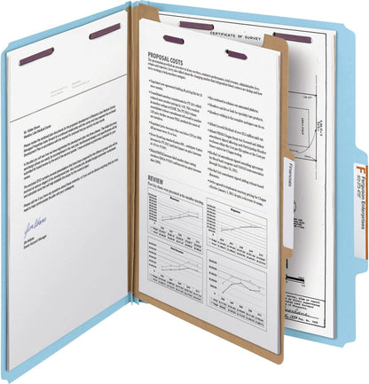 Smead Pressboard Classification File Folder with SafeSHIELD Fasteners, 1 Divider, 2" Expansion, Letter Size, Blue, 10 per Box (13730) (Pack of 1)