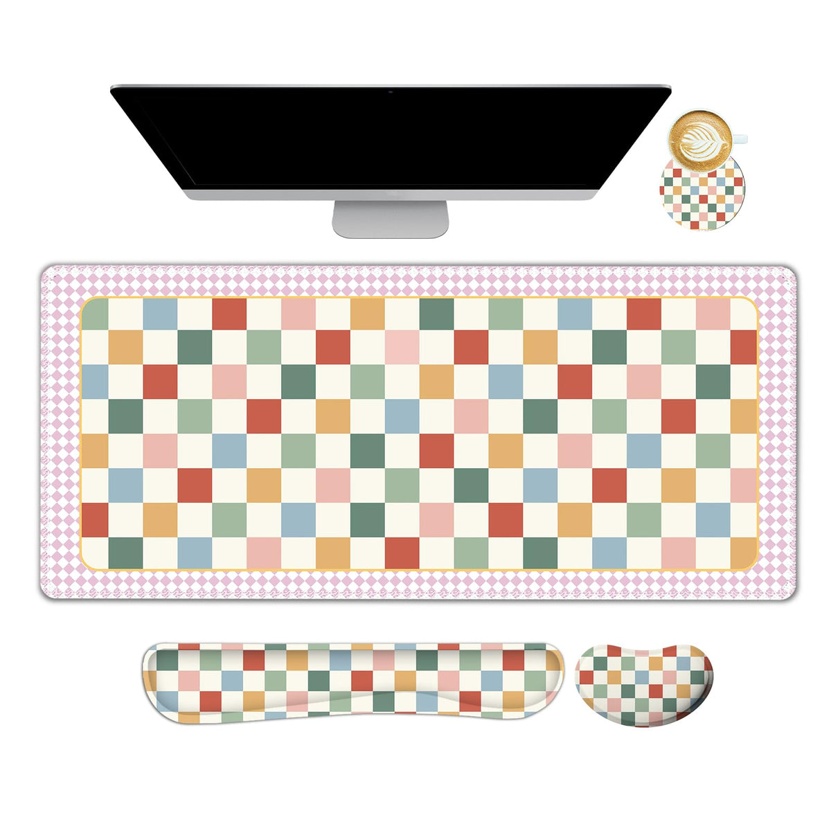 Beige Khaki Checkered Mouse Pad Set, 4 in1 Large Gaming Ergonomics Keyboard Desk Mat with Memory Foam Wrist Rest, Extended Game Mousepad, Non-Slip Desk Pad Matt Easy Typing Pain Relief