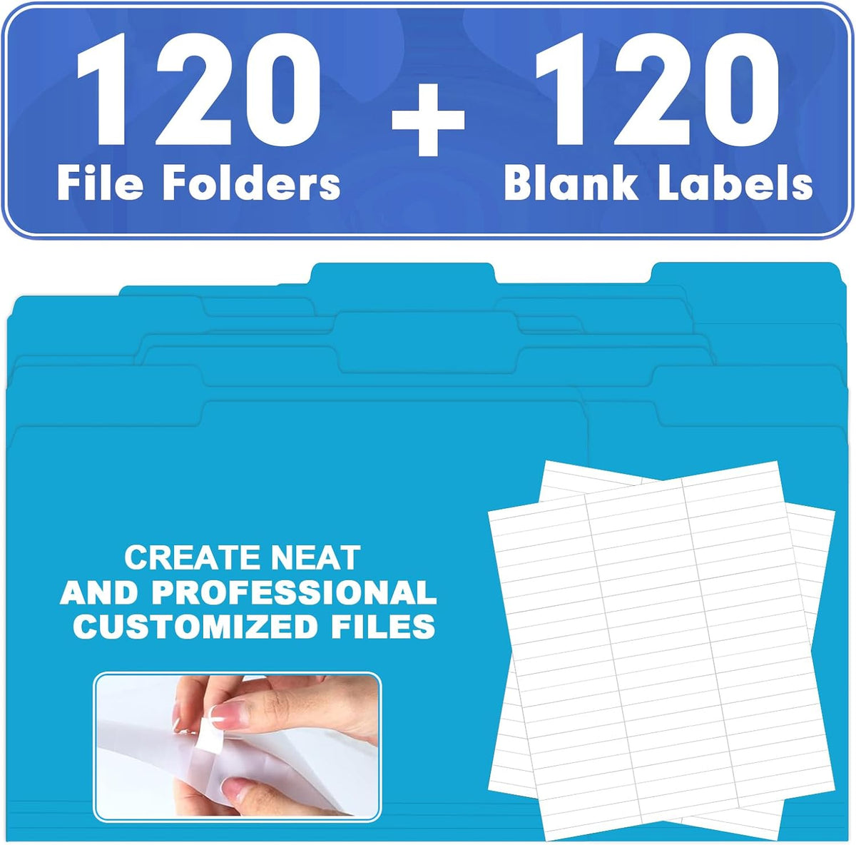 File Folder, HERKKA 120 Pack 1/3 Cut Tab File Folders, File Folders Great for Organizing and Filing, Letter Size, Light Blue