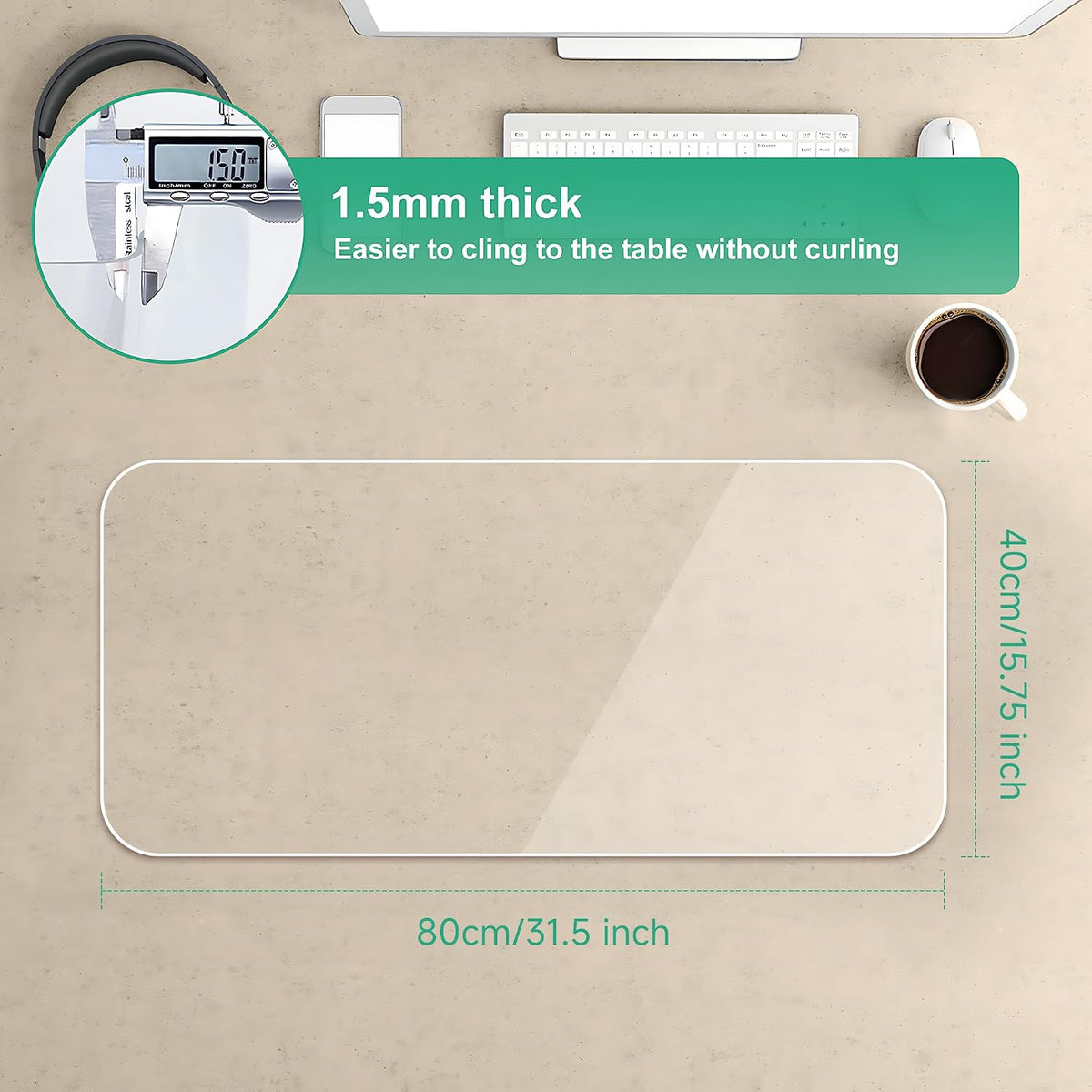 NATRKE Clear Desk Mat Pad, 31.5"x15.7" Large Transparent Computer Desk Mat Plastic Desktop Protector, PVC Writing Pad with Round Edge, Waterproof Wipeable Non-Slip Table Protector for Home Office