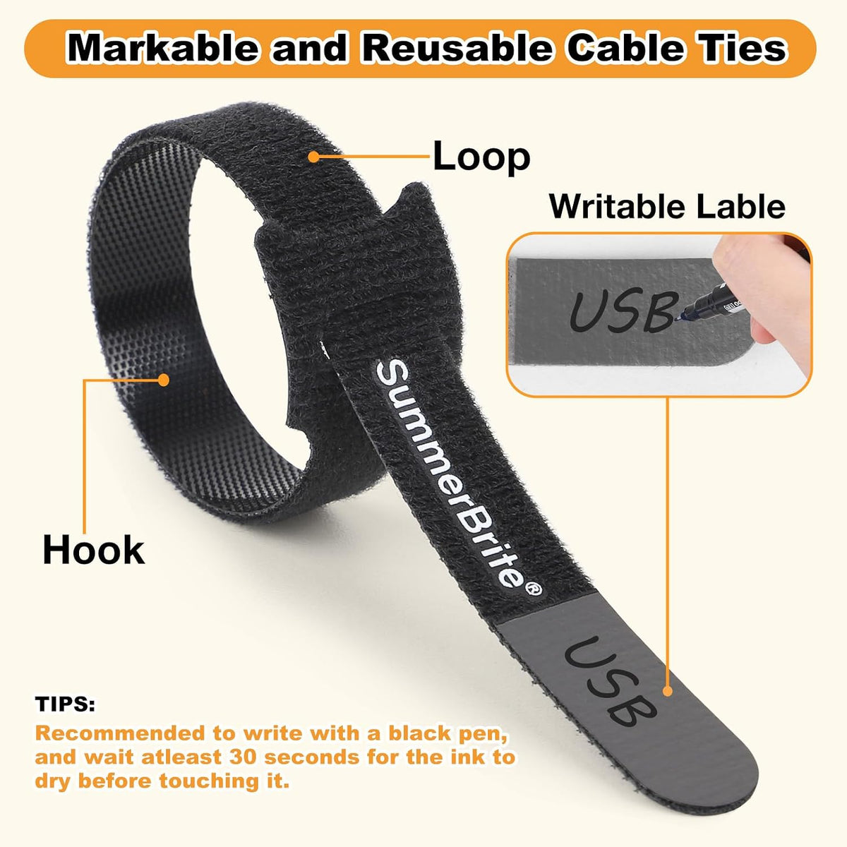 Cable Management with Writable Labels, Black, 70 PCS Assorted 4, 6, 8 IN