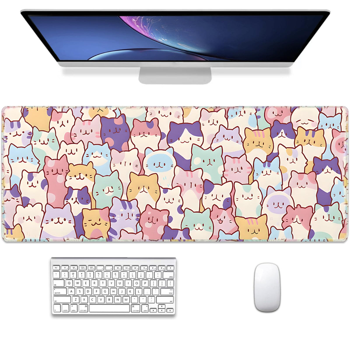 Gaming Mouse Pad XXL Extended Anime Mouse Pad 31.5x15.7inch, Large Cute Kawaii Big Computer Mouse Mat Desk Pad with Non-Slip Rubber Base and Stitched Edge for Home Office-Black Ink Cat