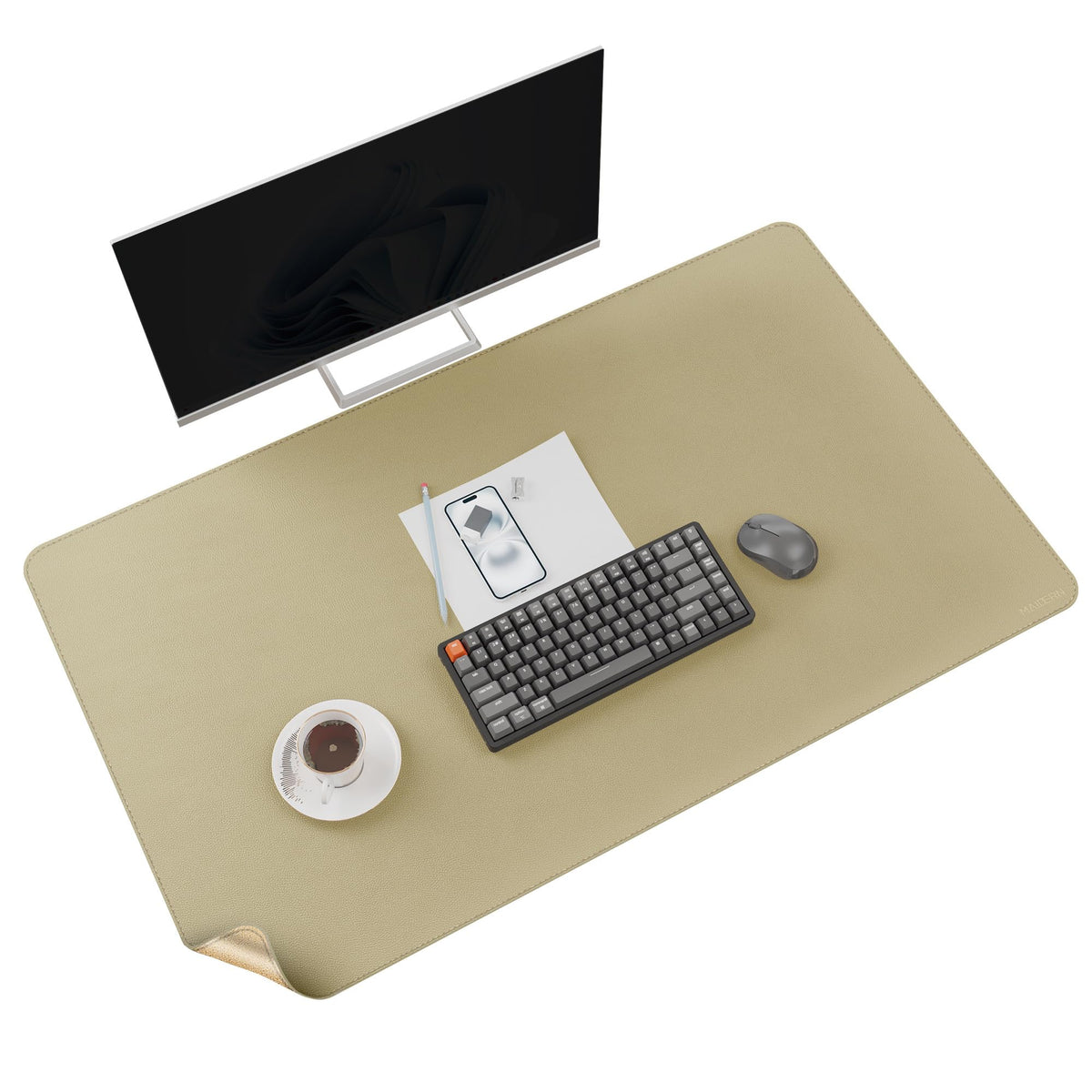 MAIDERN 43.3”x 19.6” Cork & Leather Desk Mat, Large Desk Pad (Cream)