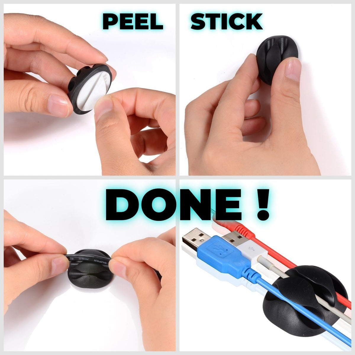 OHill 16PCS Black Cable Clips, Self Adhesive Cord Holder Cord Organizer