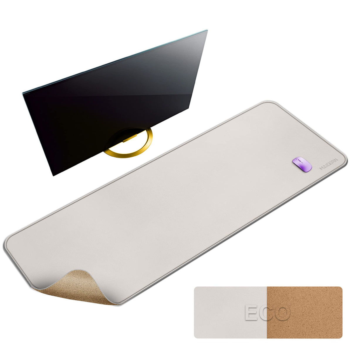 MAIDERN 43.3”x 19.6” Cork & Leather Desk Mat, Large Desk Pad (Cream)