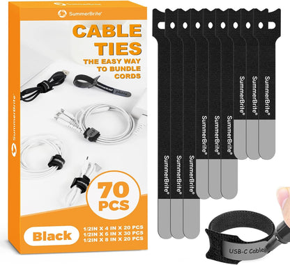 Cable Management with Writable Labels, Black, 70 PCS Assorted 4, 6, 8 IN