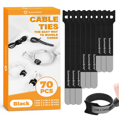 Cable Management with Writable Labels, Black, 70 PCS Assorted 4, 6, 8 IN