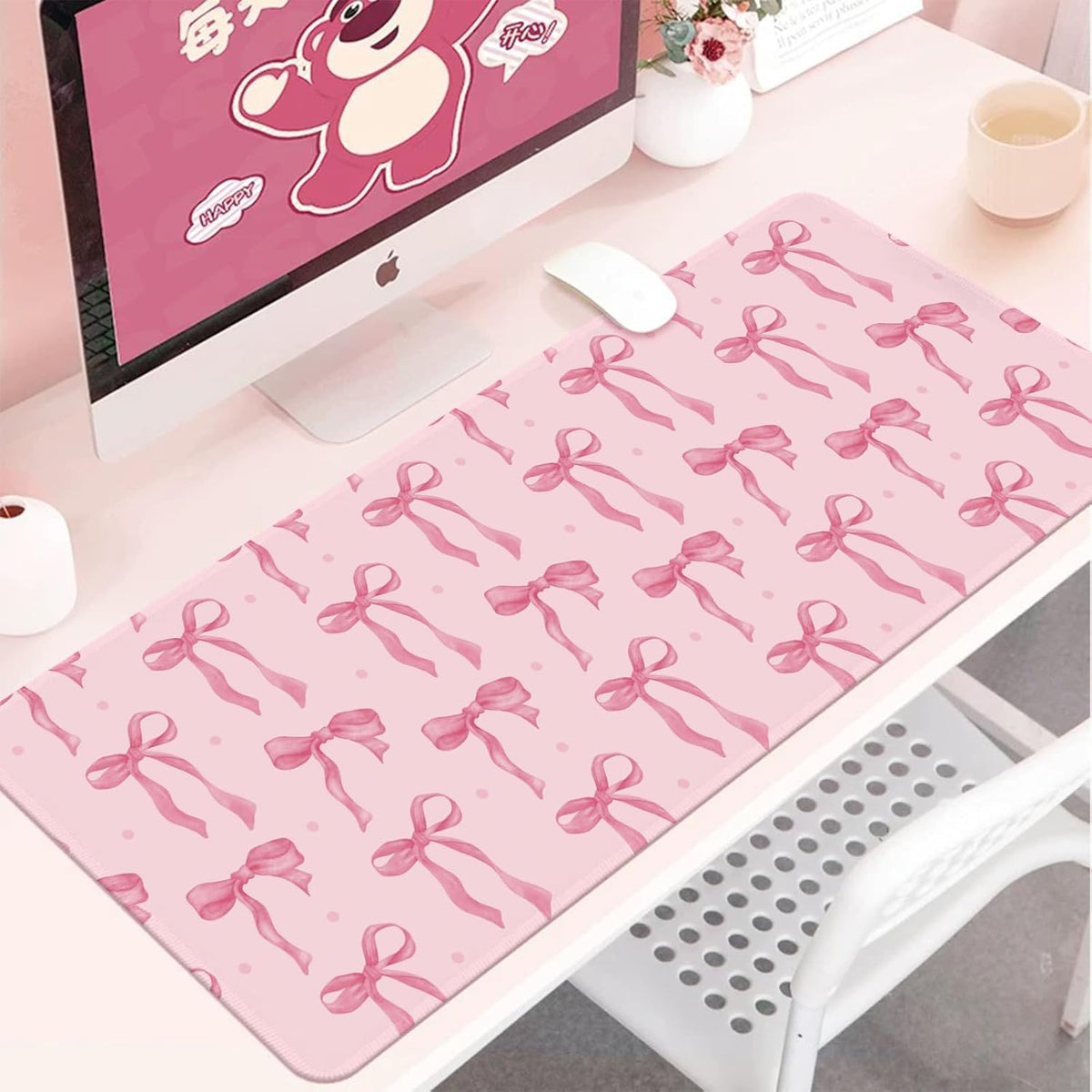 Pink Desk Mat, Mouse Pad Bows Computer Desk Mat Girl Office Decor 31.5x11.8