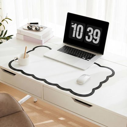 Scalloped Desk Mat, 31.5" x 15.7" Large Cute Aesthetic Desk Accessories, PU Leather Computer Laptop Desk Mouse Keyboard Pad, Desk Writing Mat for Vanity/Work/Home Decor (Beige, 31.5" x 15.7")