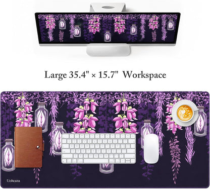 Large Desk Mat Purple Floral Mouse Pad Extended Keyboard Mat 35.4 x 15.7