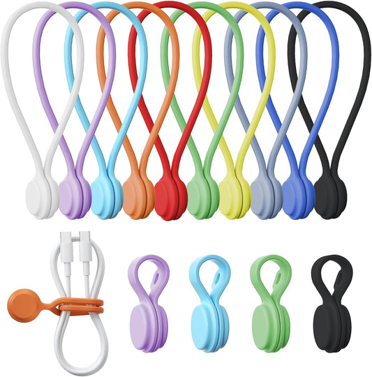 Tounee Reusable Silicone Magnetic Cable Ties - 2 Sizes Combo (4pcs 2.95'' + 10pcs 7.68'') - Multi-Purpose for Cable Bundling, Organizing, Bookmarks & Fridge Magnets - Assorted Colors, 14-Pack