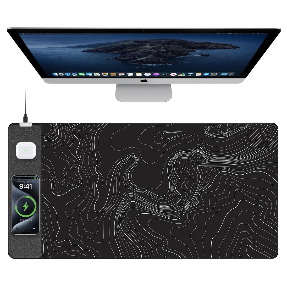 TopMade Mouse Pad with 15W Fast Wireless Charging, 31.5"x15.75" XXL Large Gaming Waterproof Desk Pad with Ultra-Smooth Surface, Non-Slip Base, Computer Desk Mat for MacBook, PC, Laptop, Black