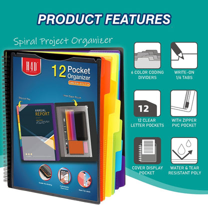 H4D 12 Pocket Poly Project Organizer, Multi Pocket Folder, Primary Colors