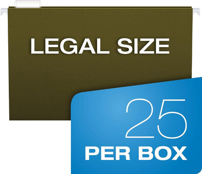 Pendaflex Recycled Hanging File Folders, 25 Pack, Green, Legal Size (8.5" x 14"), 5 Tab Positions, Includes Tabs and Inserts, Eco-Friendly Hanging Files for Office and Document Organization