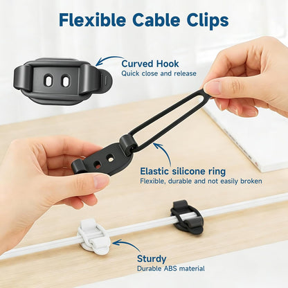 10 Sets Adjustable Cable Management Clips, Self Adhesive Cord Organizer with Elastic Loop, Reusable Cable Holder for Desk, Under Desk, Wall, TV, Office, Home, Charging Cables, USB, HDMI, PC Wires