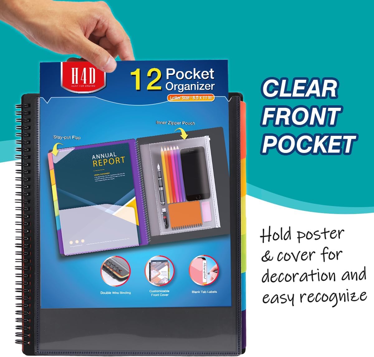 H4D 12 Pocket Poly Project Organizer, Multi Pocket Folder, Primary Colors