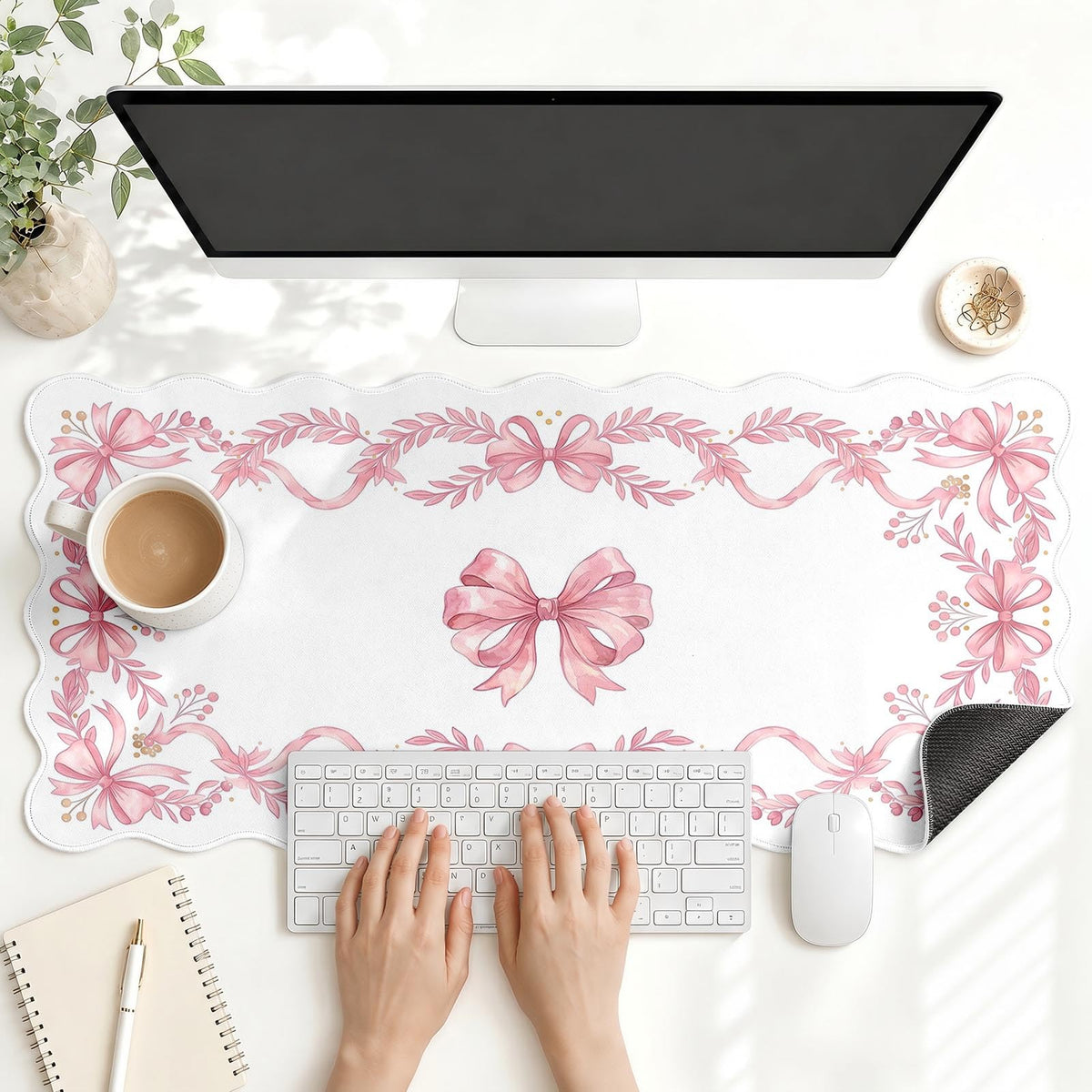 Scalloped Gaming Mouse Pad Desk Mat, Black Floral, 35.4"x15.7"