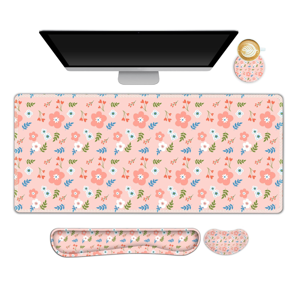 Beige Khaki Checkered Mouse Pad Set, 4 in1 Large Gaming Ergonomics Keyboard Desk Mat with Memory Foam Wrist Rest, Extended Game Mousepad, Non-Slip Desk Pad Matt Easy Typing Pain Relief