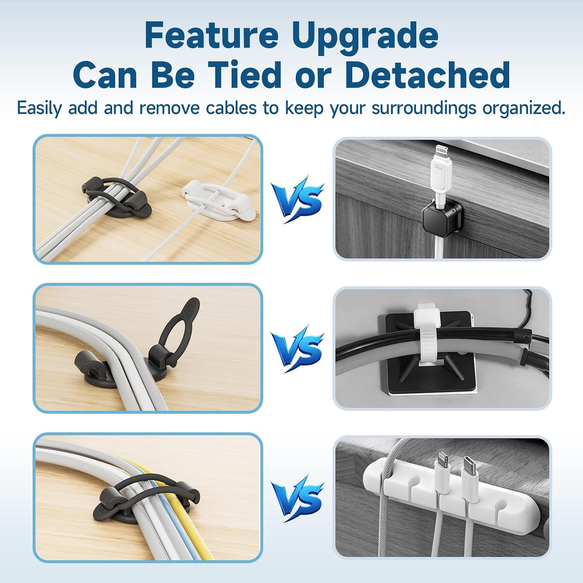 10 Sets Adjustable Cable Management Clips, Self Adhesive Cord Organizer with Elastic Loop, Reusable Cable Holder for Desk, Under Desk, Wall, TV, Office, Home, Charging Cables, USB, HDMI, PC Wires