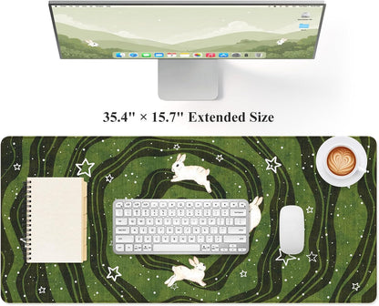 HAOCOO Cute Desk Mat Green, Celestial Rabbit Keyboard Pad 35.4"x15.7"