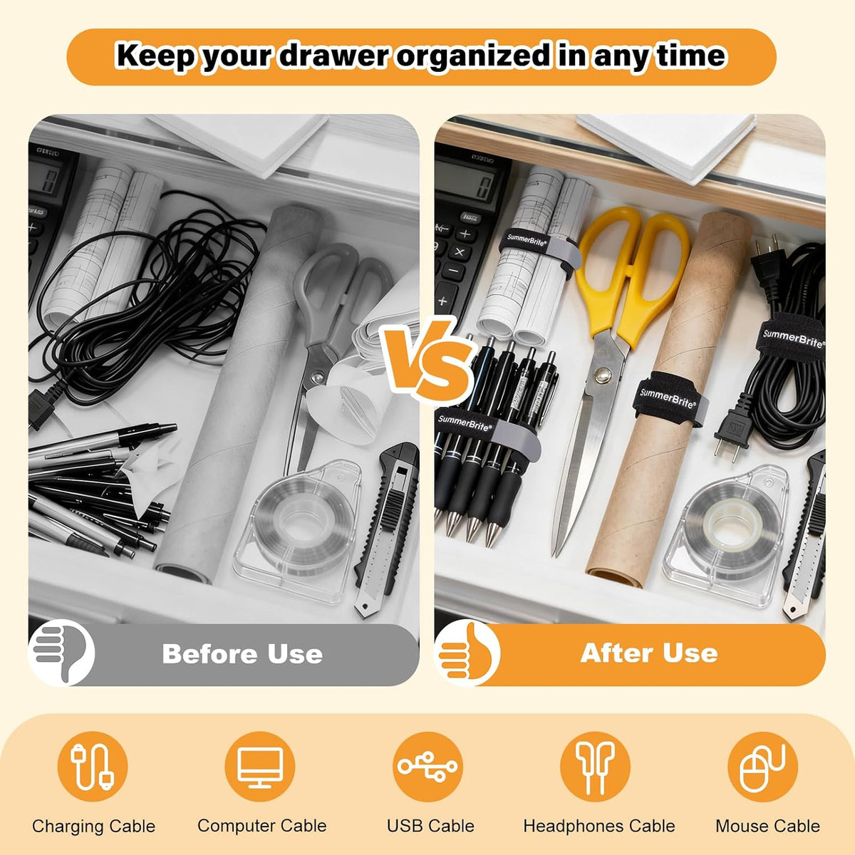 Cable Management with Writable Labels, Black, 70 PCS Assorted 4, 6, 8 IN
