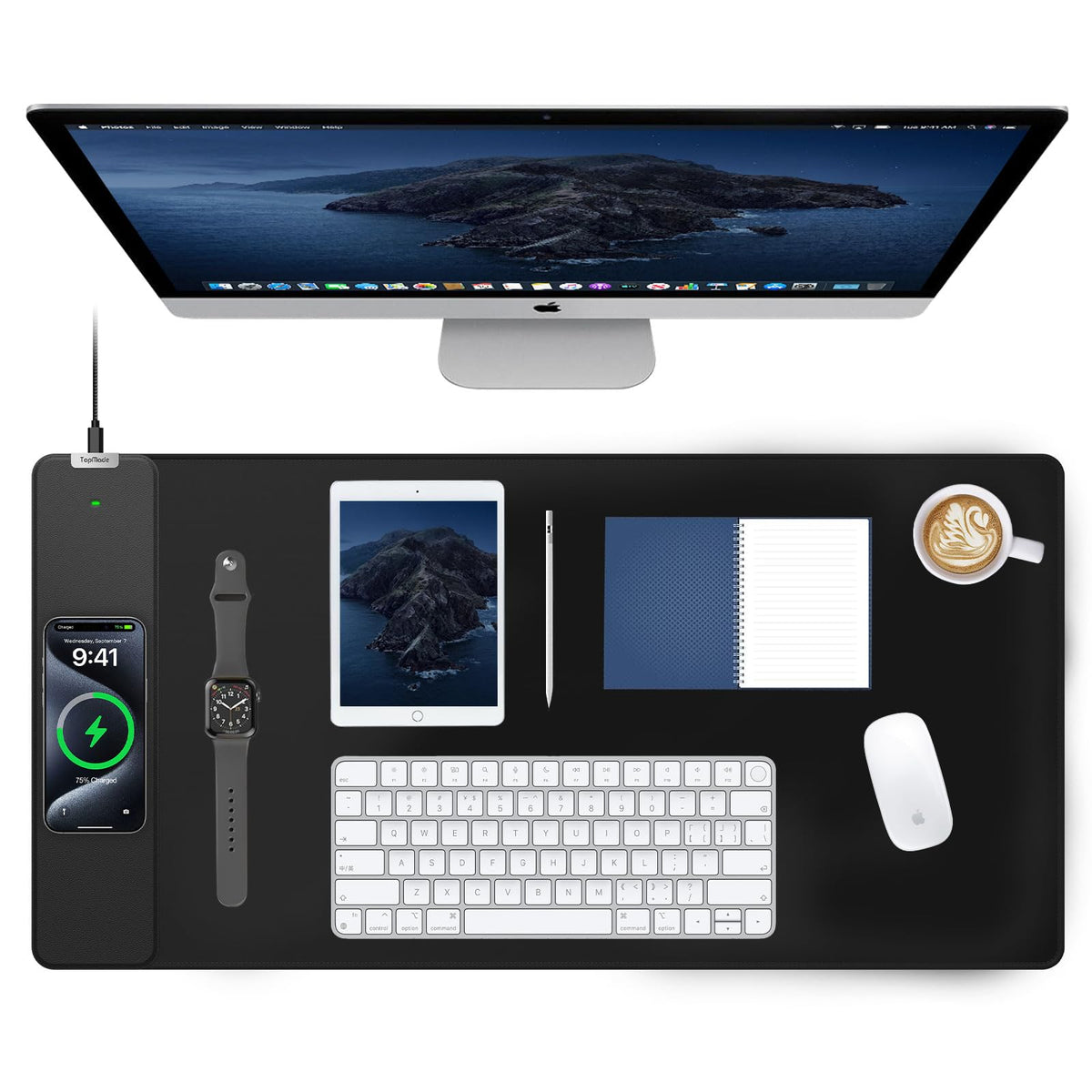 TopMade Wireless Charging Mouse Pad, 31.5"x15.75" XXL Extra Large Gaming Mousepads Waterproof Desk Pad with Ultra-Smooth Surface, Non-Slip Base, Classic Black Computer Desk Mat for MacBook, PC, Laptop