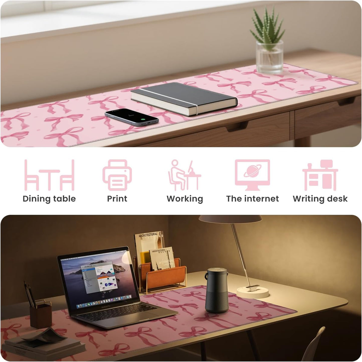Pink Desk Mat, Mouse Pad Bows Computer Desk Mat Girl Office Decor 31.5x11.8