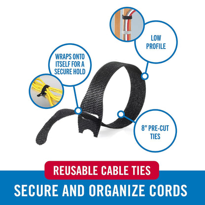VELCRO Brand Reusable Cable Ties, Cord Management, 8in, Black, 150 Pack