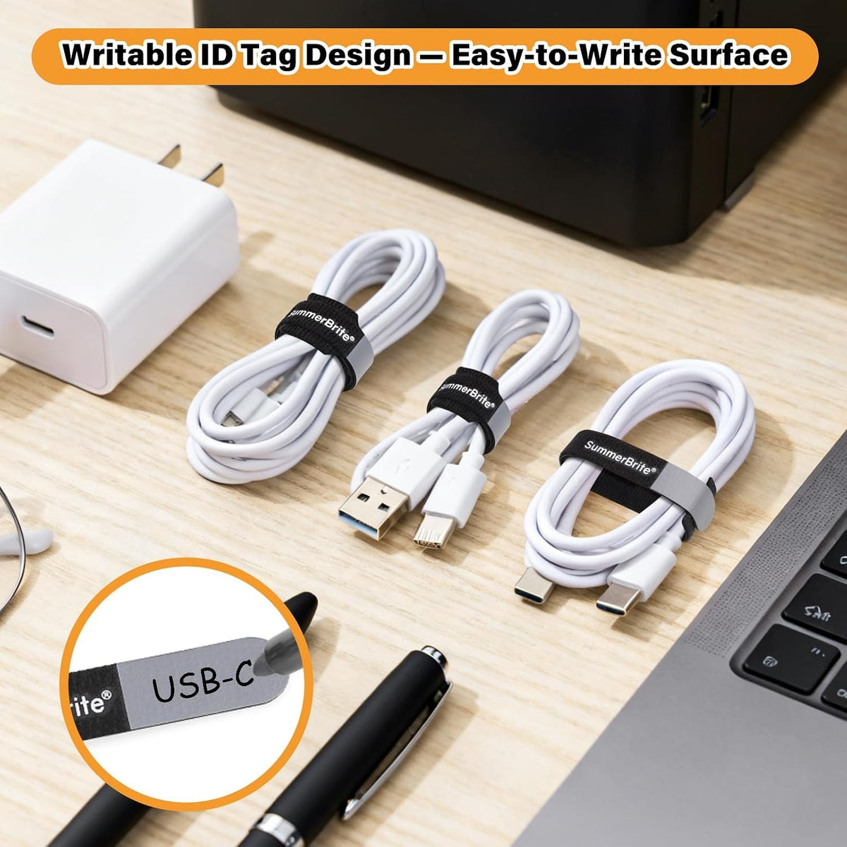Cable Management with Writable Labels, Black, 70 PCS Assorted 4, 6, 8 IN