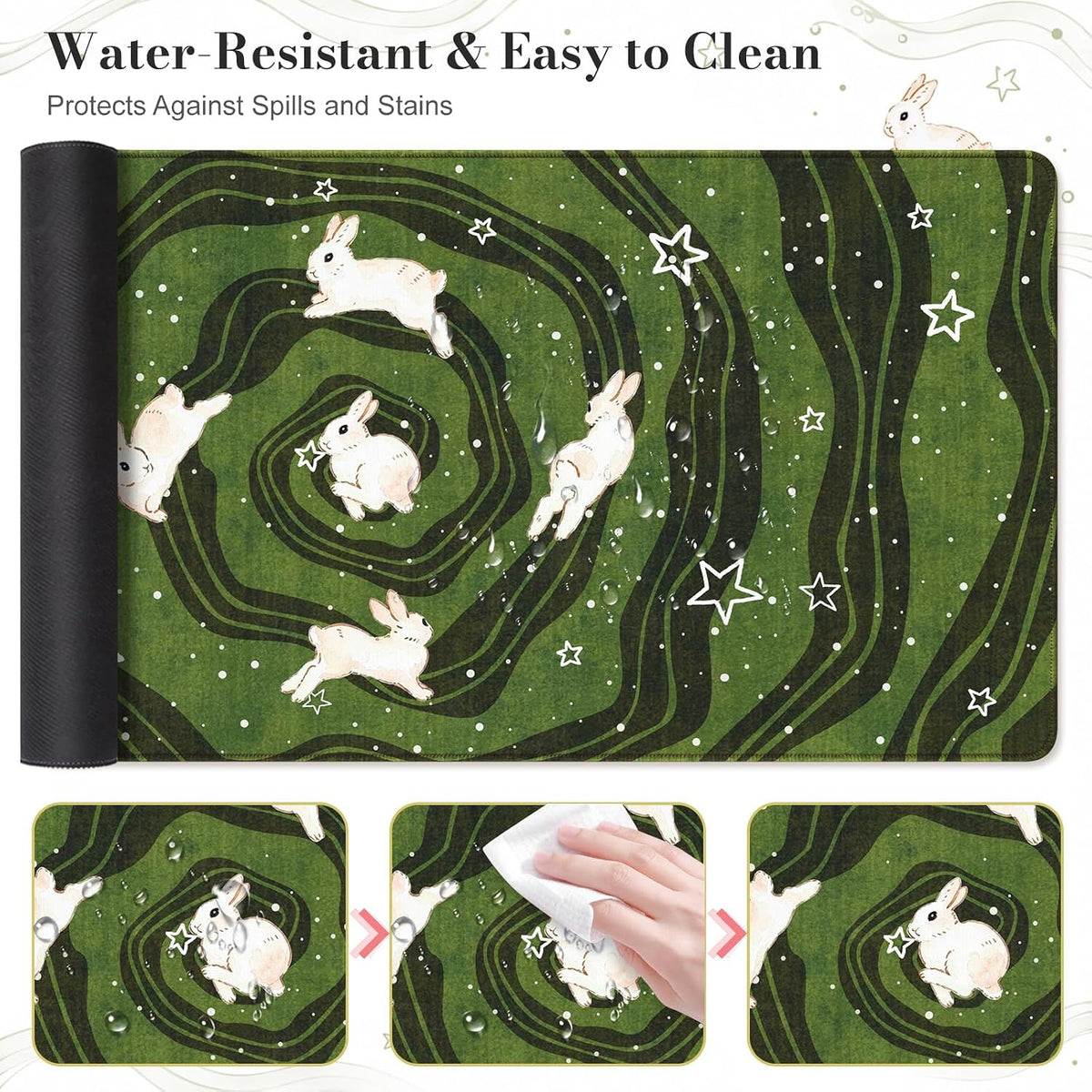 HAOCOO Cute Desk Mat Green, Celestial Rabbit Keyboard Pad 35.4"x15.7"
