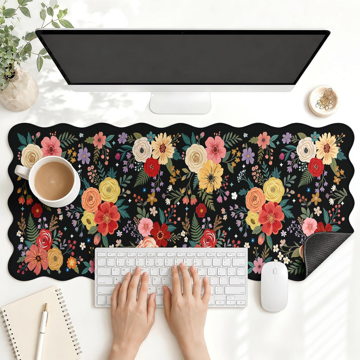 Scalloped Gaming Mouse Pad Desk Mat, Black Floral, 35.4"x15.7"
