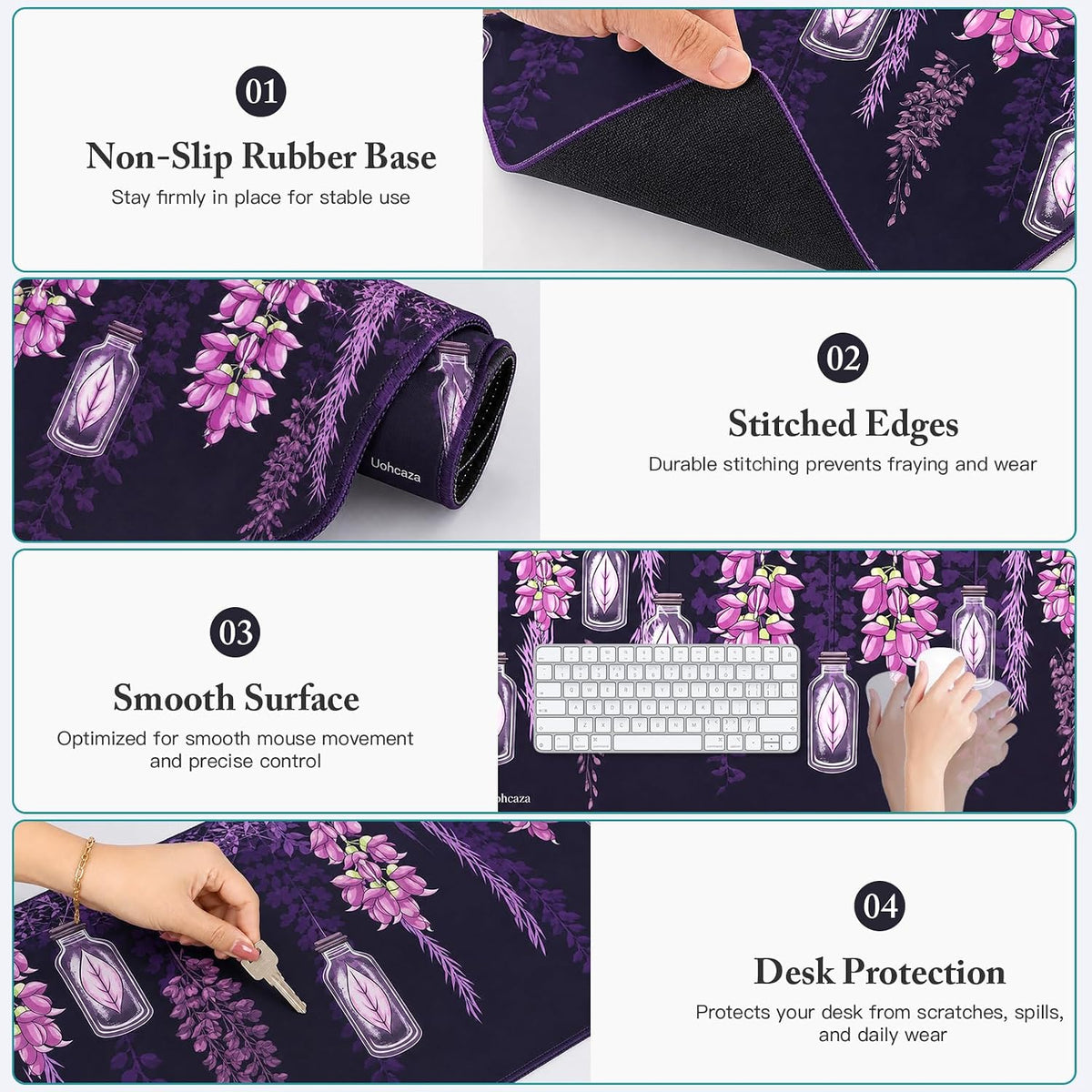 Large Desk Mat Purple Floral Mouse Pad Extended Keyboard Mat 35.4 x 15.7