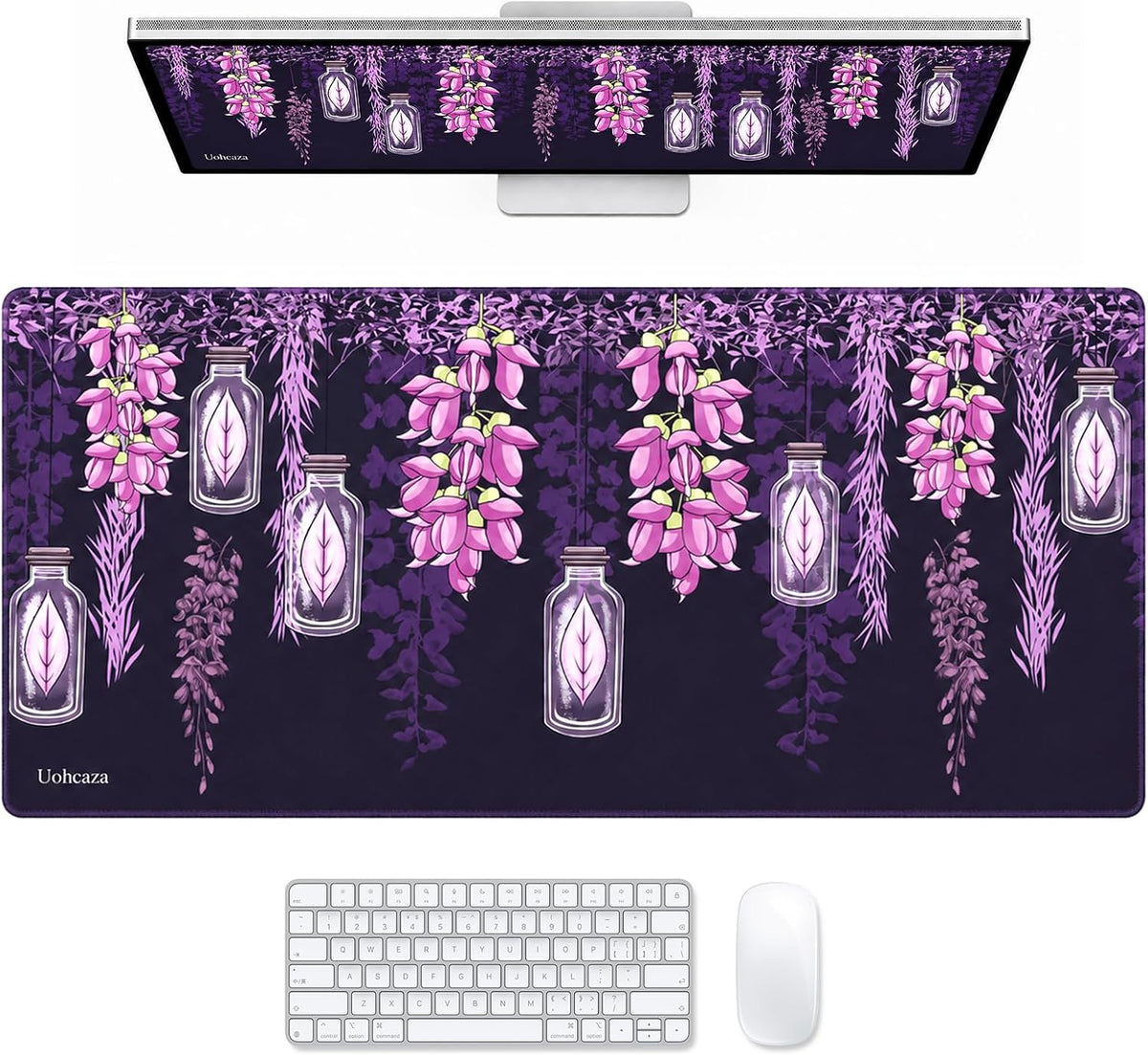 Large Desk Mat Purple Floral Mouse Pad Extended Keyboard Mat 35.4 x 15.7