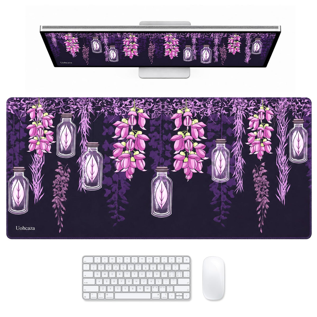 Large Desk Mat Purple Floral Mouse Pad Extended Keyboard Mat 35.4 x 15.7