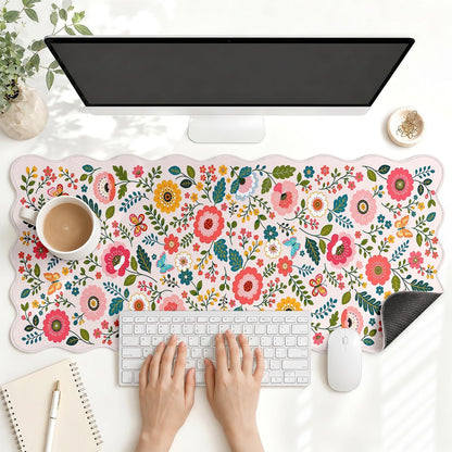 Scalloped Gaming Mouse Pad Desk Mat, Black Floral, 35.4"x15.7"