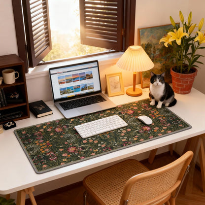 Dark Green Floral XXL Desk Mat, Extra Large Mouse Pad with Anti-Slip Base & Stitched Edges for Women, Aesthetic Desk Pad for Home Office Computer, Keyboard Mat Office Supplies Decor