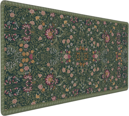 Dark Green Floral XXL Desk Mat, Extra Large Mouse Pad with Anti-Slip Base & Stitched Edges for Women, Aesthetic Desk Pad for Home Office Computer, Keyboard Mat Office Supplies Decor