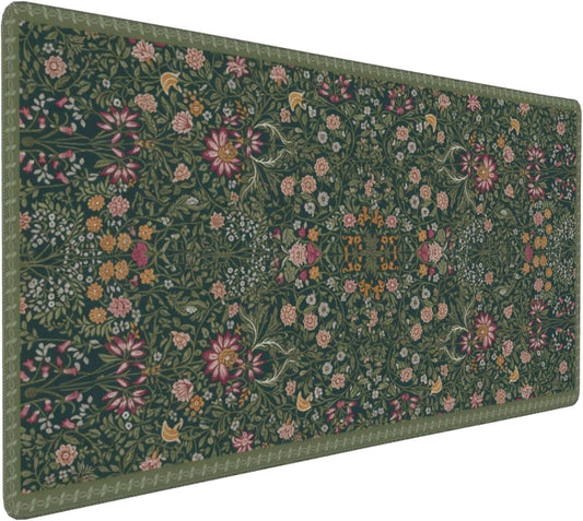 Dark Green Floral XXL Desk Mat, Extra Large Mouse Pad with Anti-Slip Base & Stitched Edges for Women, Aesthetic Desk Pad for Home Office Computer, Keyboard Mat Office Supplies Decor