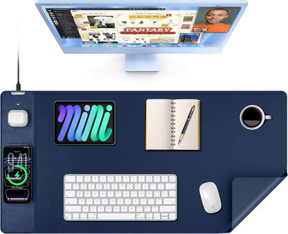 Mouse Pad with 15W Wireless Charging, XXL Large Leather Desk Mat, Blue